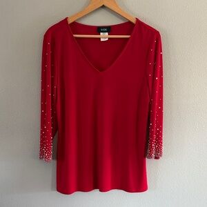 MSK Women's Red Long Sleeve Top with Beaded Accents